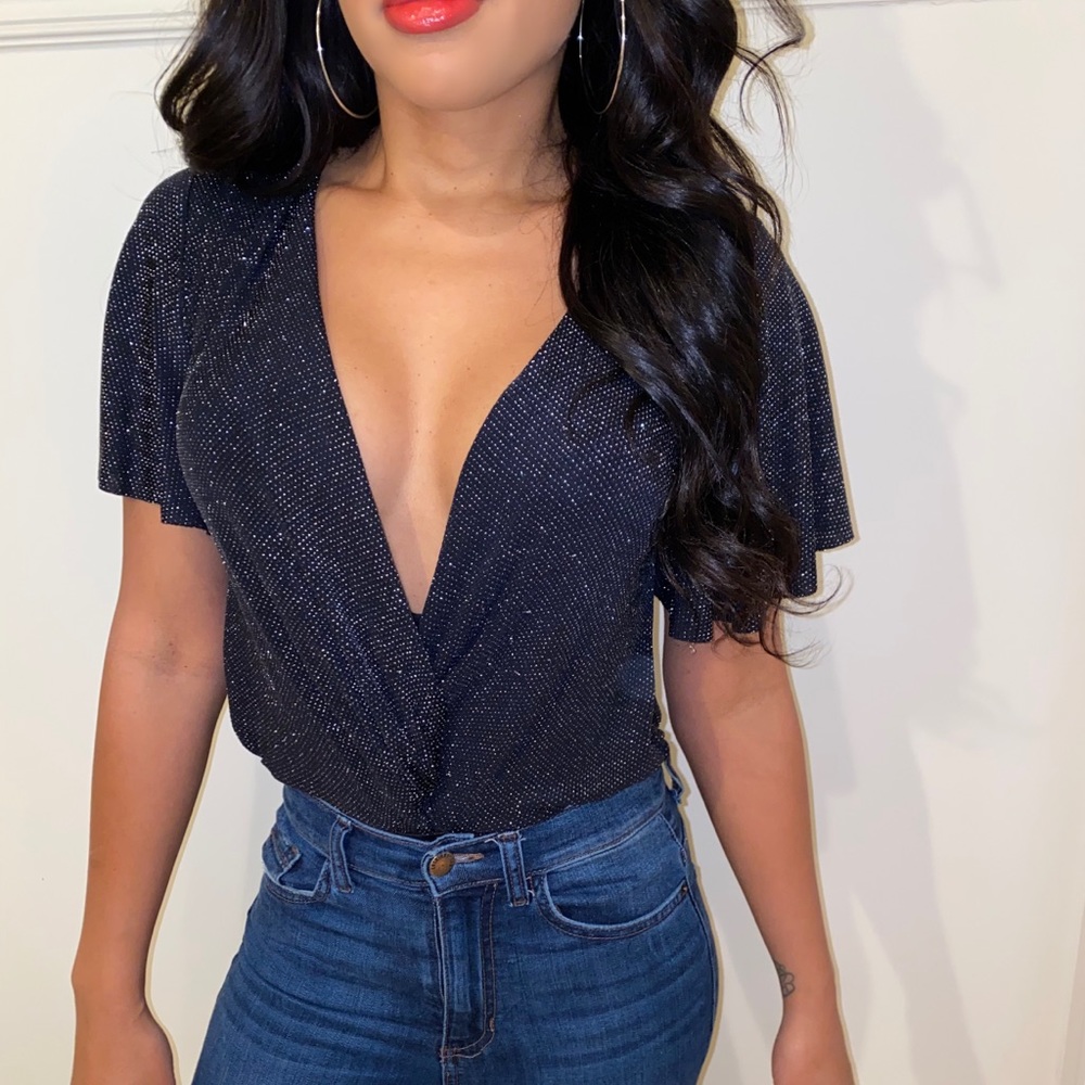 Short Sleeve Sparkly Black Bodysuit Plunging Neck